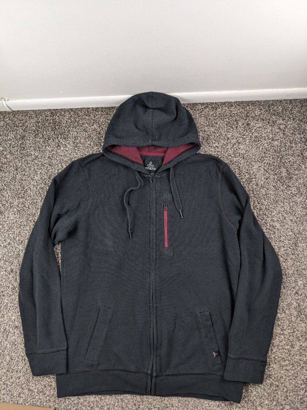 prAna Wes Hoodie Sweatshirt Organic Cotton Blend Full Zip Black Mens XL